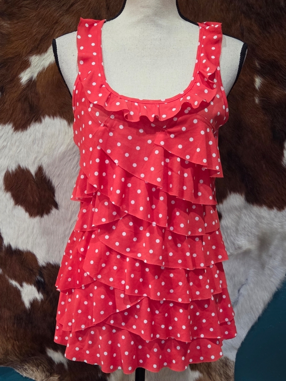 Roz & Ali Coral Pink Polka Dot Ruffle Tank